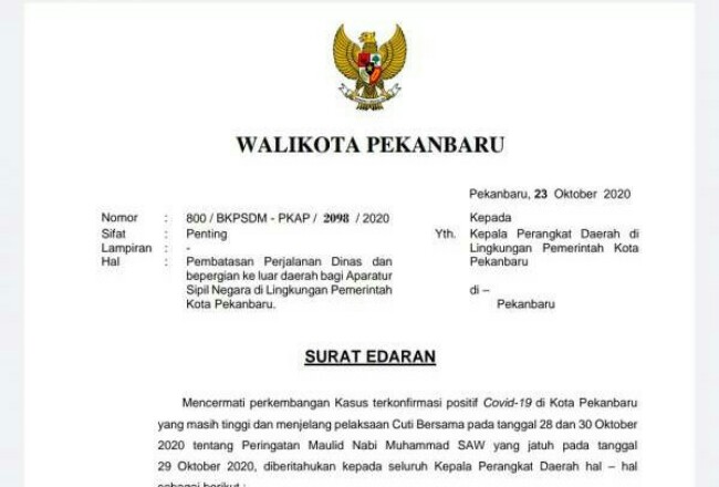 Keluarkan Surat Edaran, Walikota Pekanbaru  Melarang ASN ke Luar Daerah Saat Libur Panjang